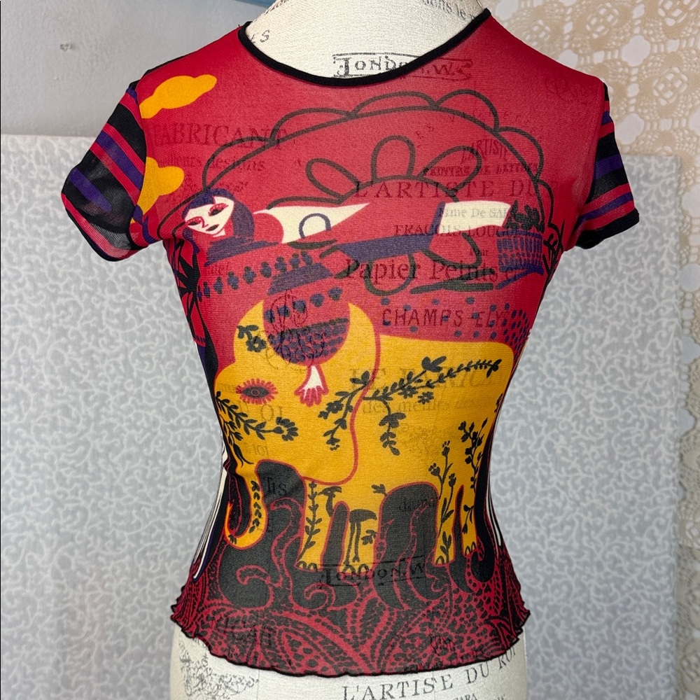 BEGGON Net Graphic Short Sleeve Tee Top Vintage Black Red Sz. M Lightweight